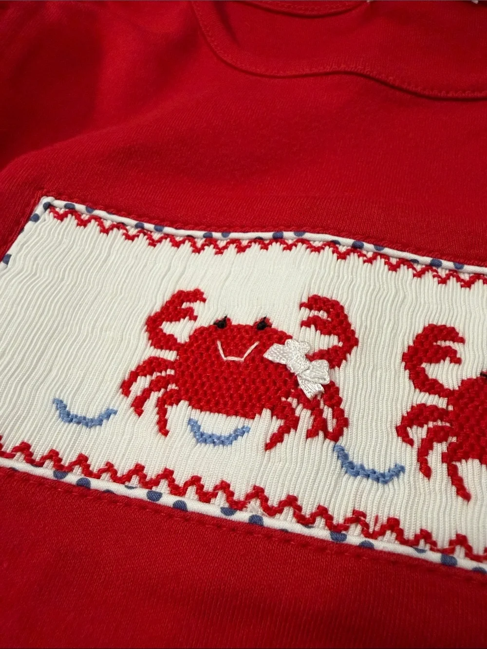 Children's Red Crab Smocked Set with Navy Dot Shorts